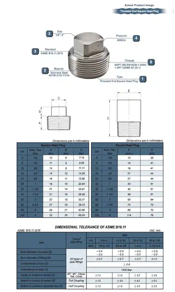 BSPT Threaded End Square Head Plug Drawing