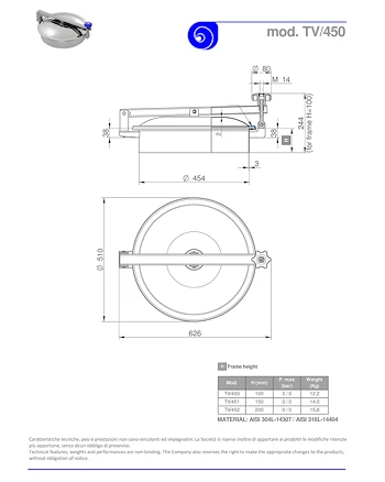 PDF for Stainless Steel 450mm Low/Non-Pressure Round Manway TV/450 304L
