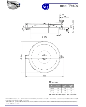 PDF for Stainless Steel 500mm Low/Non-Pressure Round Manway TV/500 316L