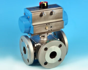 Pneumatic Aluminium Rack and Pinion Actuator Fitted on a 3-Way Flanged Full Bore Actuated Ball Valve PN16/40 End Connections.